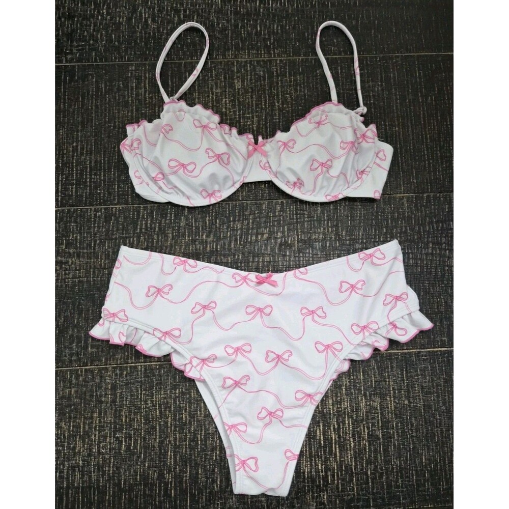 Size L Juniors' Ninety Nine Degrees White & Pink Bow Print Bikini Set High Waist